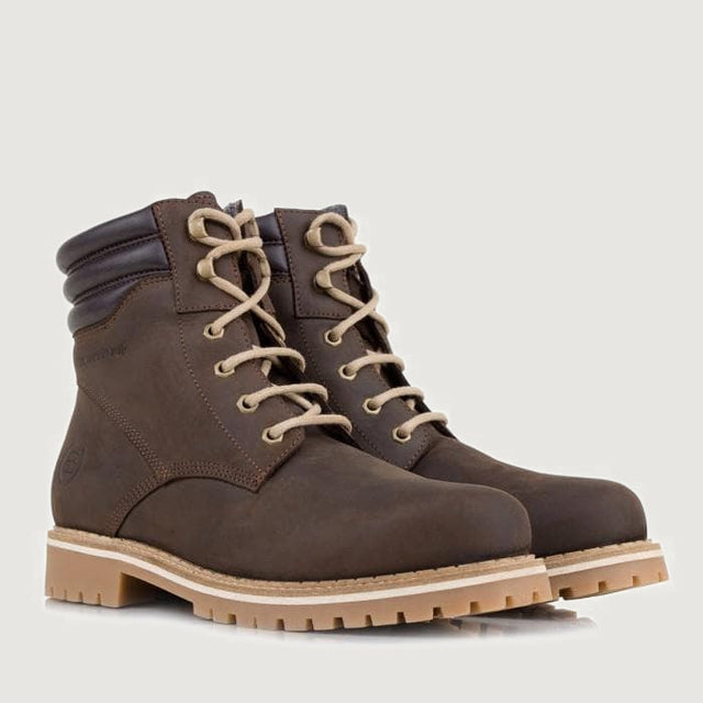 Pair of brown Rocky waterproof boots shown from the front