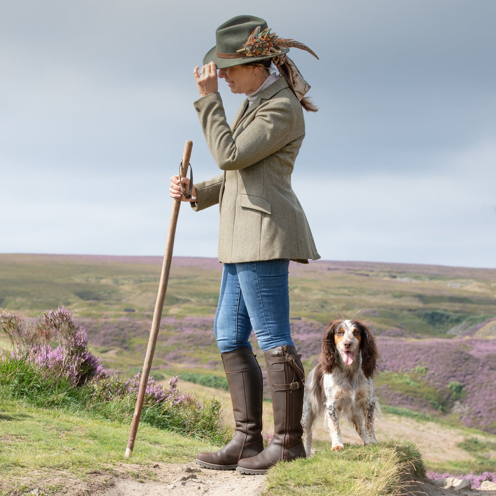 Waterproof country boots worn on a countryside walk