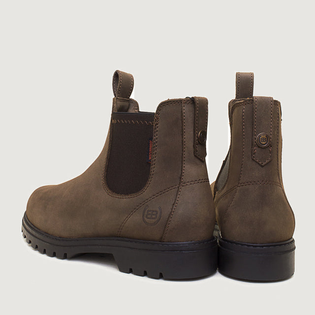 Brown Vancouver Storm waterproof ankle boots shown from the rear three-quarter angle