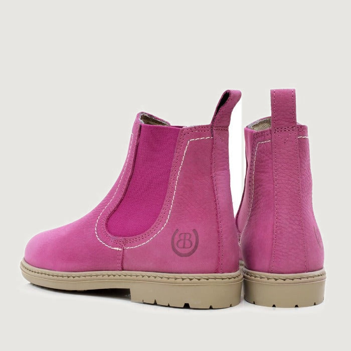 Bareback Toddy suede short boots in raspberry, rear three-quarter view of the pair