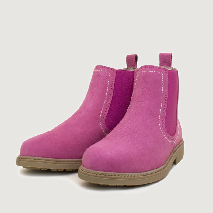 Bareback Toddy suede short boots in raspberry, angled front view of the pair