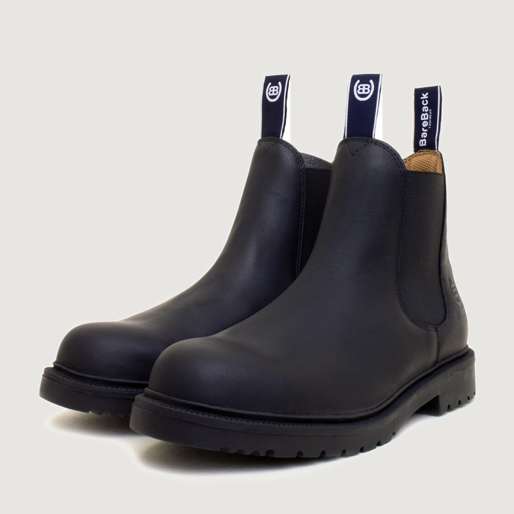 Bareback Detroit steel toe cap work boots in black, angled front view of the pair
