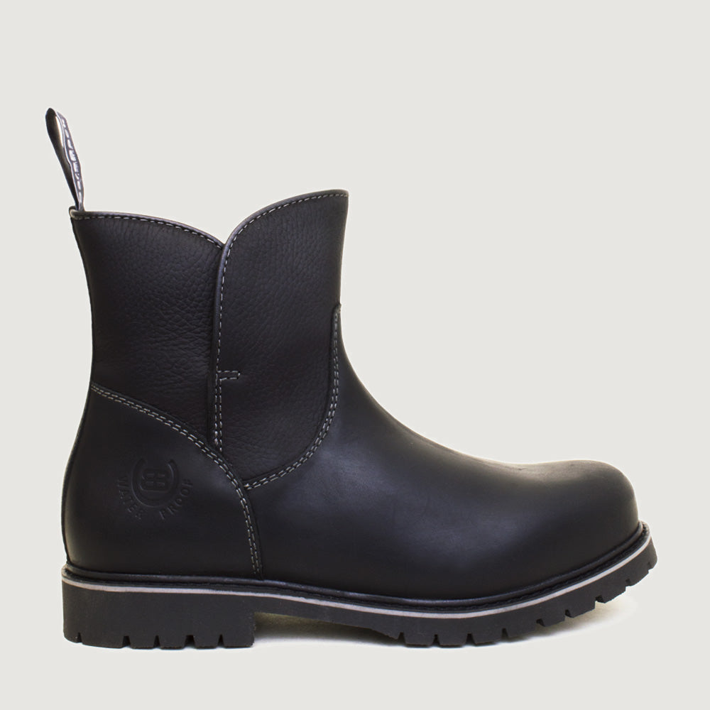 Bareback Quebec zip up waterproof ankle boots in black, side view of a single boot