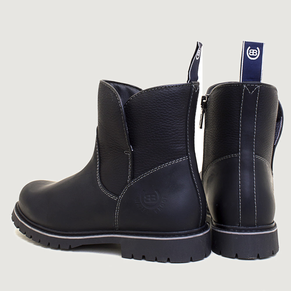 Bareback Quebec zip up waterproof ankle boots in black, rear three-quarter view of the pair