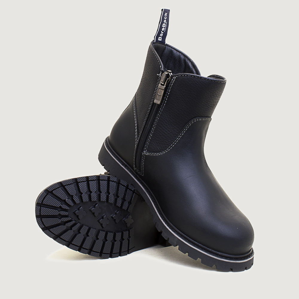 Bareback Quebec zip up waterproof ankle boots in black, showing the cleated rubber outsole