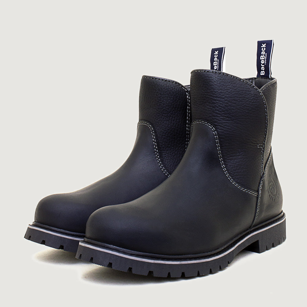 Bareback Quebec zip up waterproof ankle boots in black, angled front view of the pair
