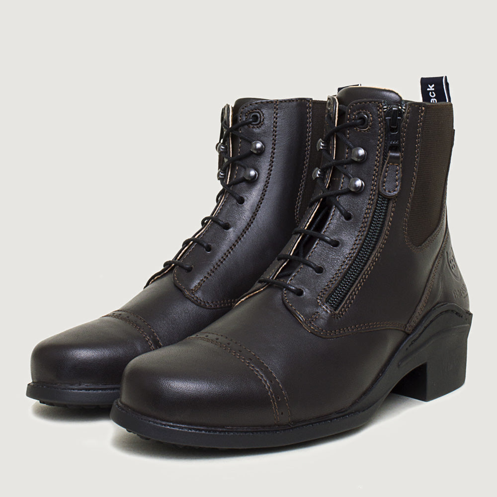 Bareback Bramham zip jodhpur boots in brown leather, angled front view of the pair