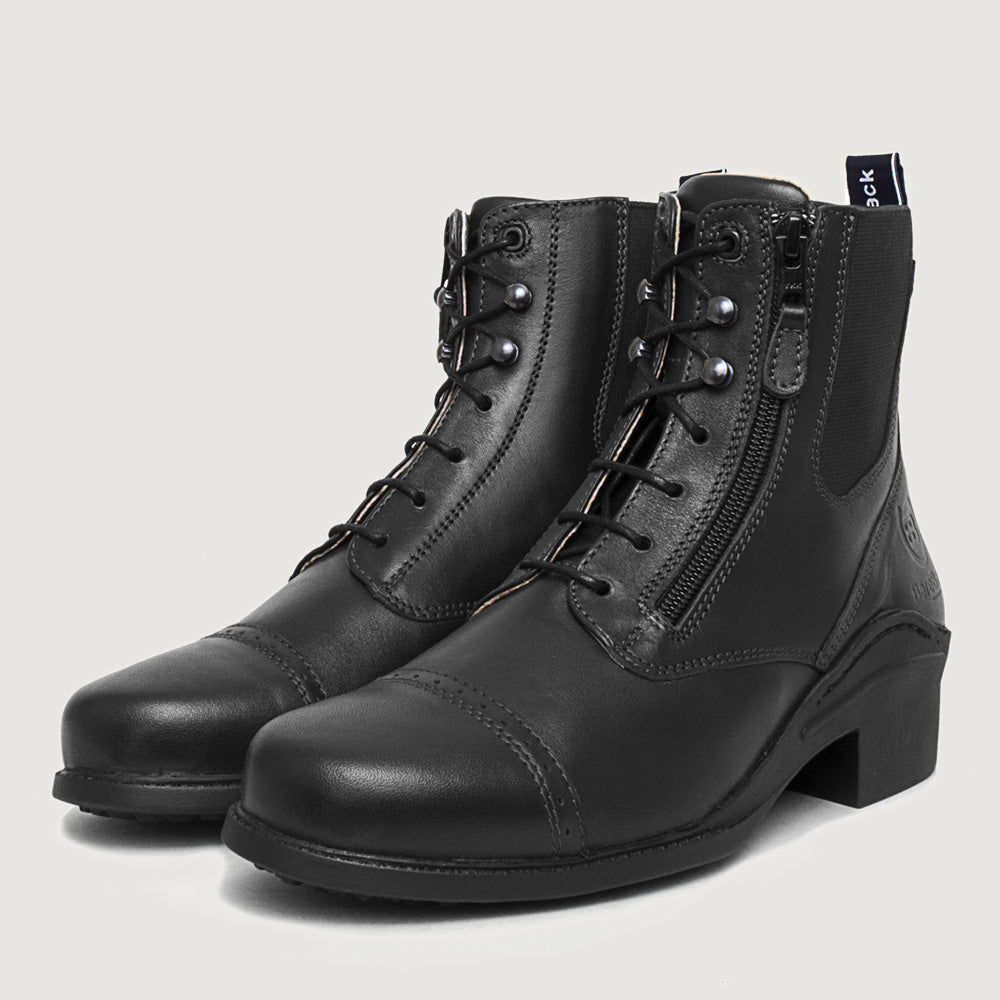 Bareback Bramham zip jodhpur boots in black leather, angled front view of the pair