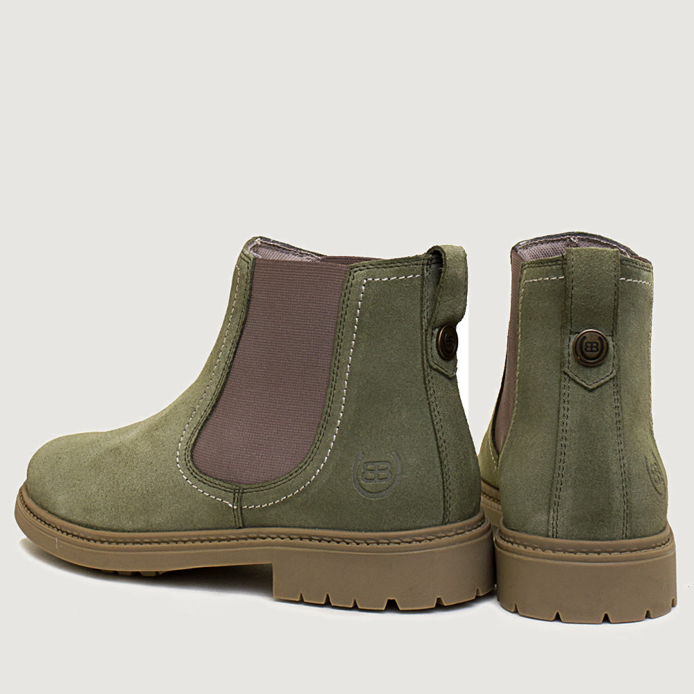 Bareback Toddy suede Chelsea boots in sage green, rear three-quarter view of the pair