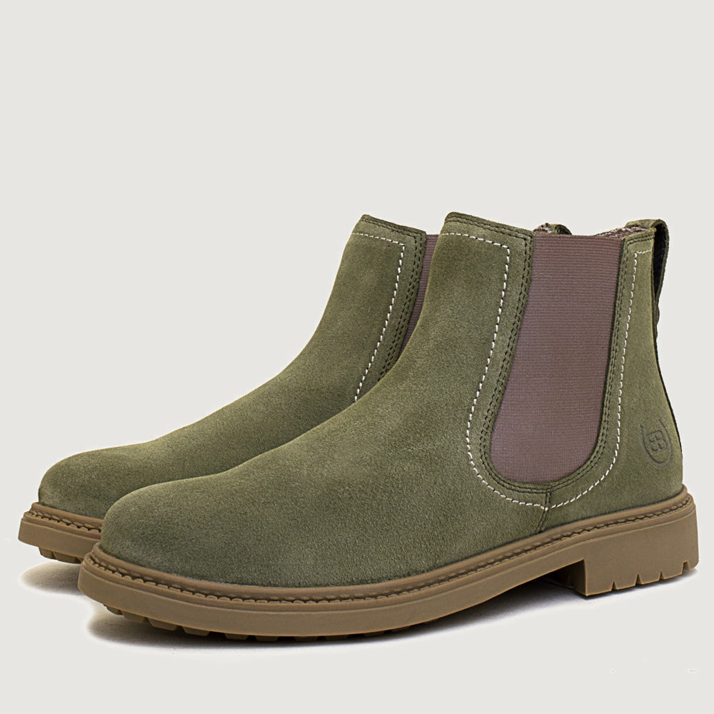 Bareback Toddy suede Chelsea boots in sage green, side view of a single boot