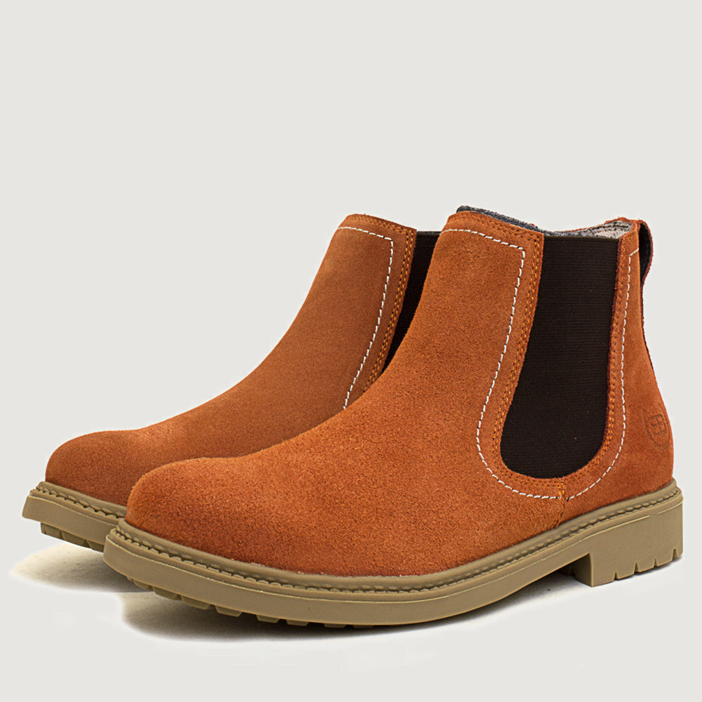 Bareback Toddy suede Chelsea boots in burnt orange, side view of a single boot