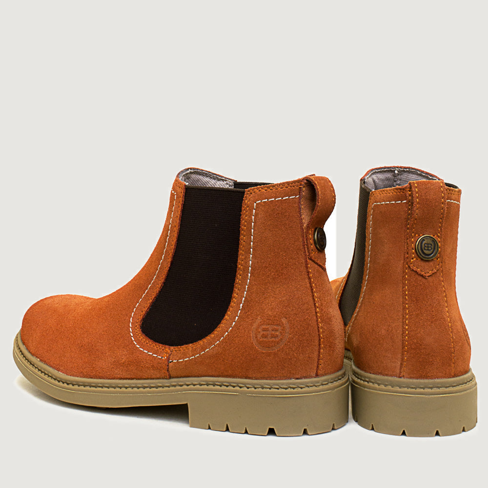 Bareback Toddy suede Chelsea boots in burnt orange, rear three-quarter view of the pair