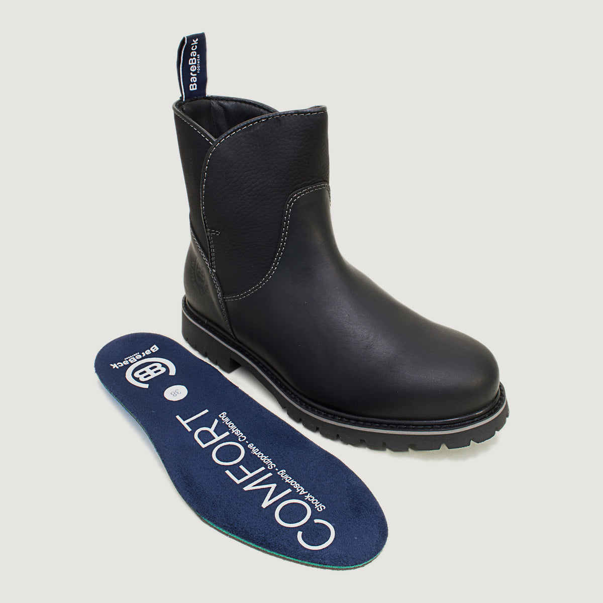Bareback Quebec waterproof ankle boots in black leather, shown with the removable BareBack Comfort insole