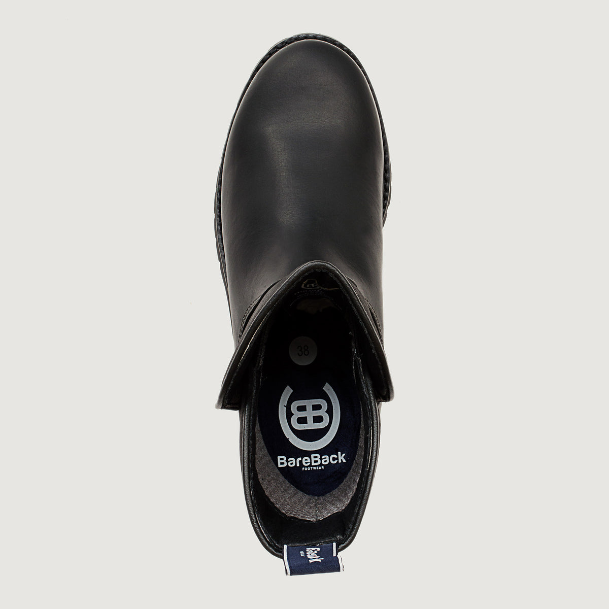 Bareback Quebec waterproof ankle boots in black leather, top-down view into the boot showing the size tag and BareBack branding