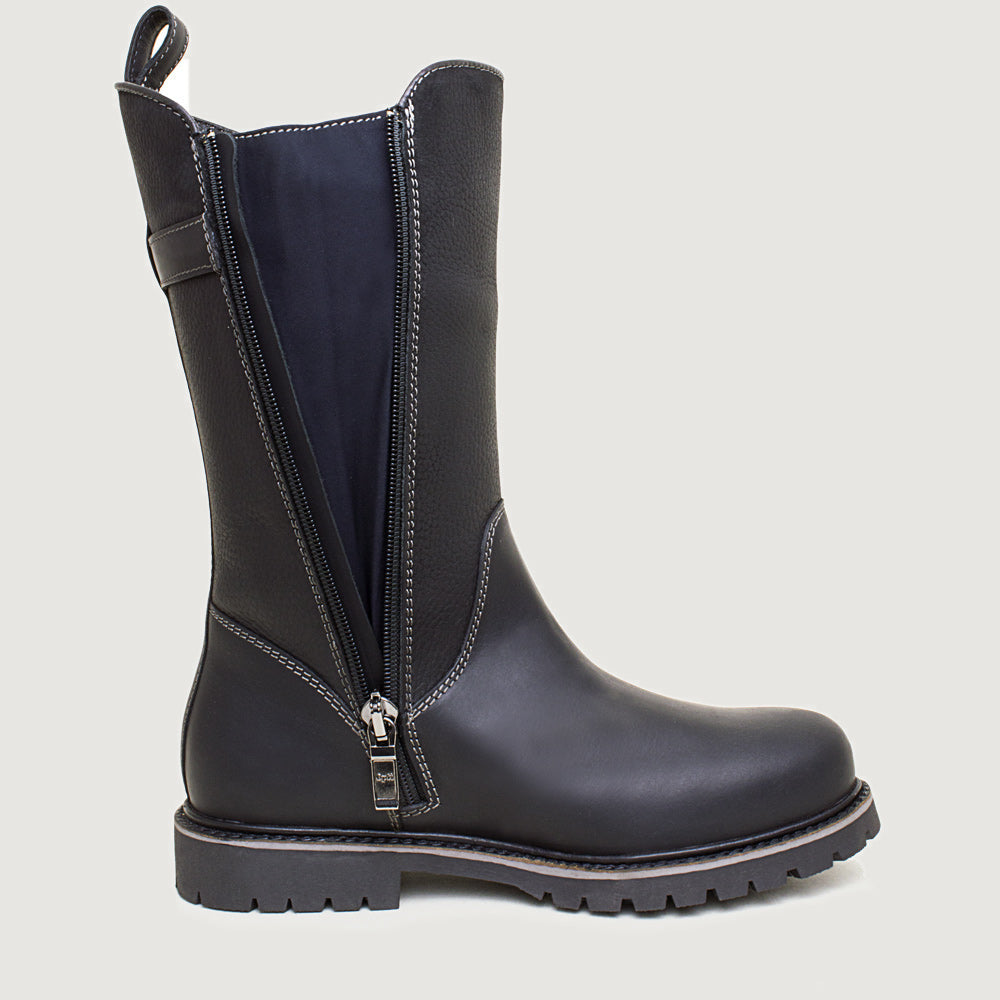 Bareback Quebec zip up waterproof mid calf boots in black, side view showing the full-length zip