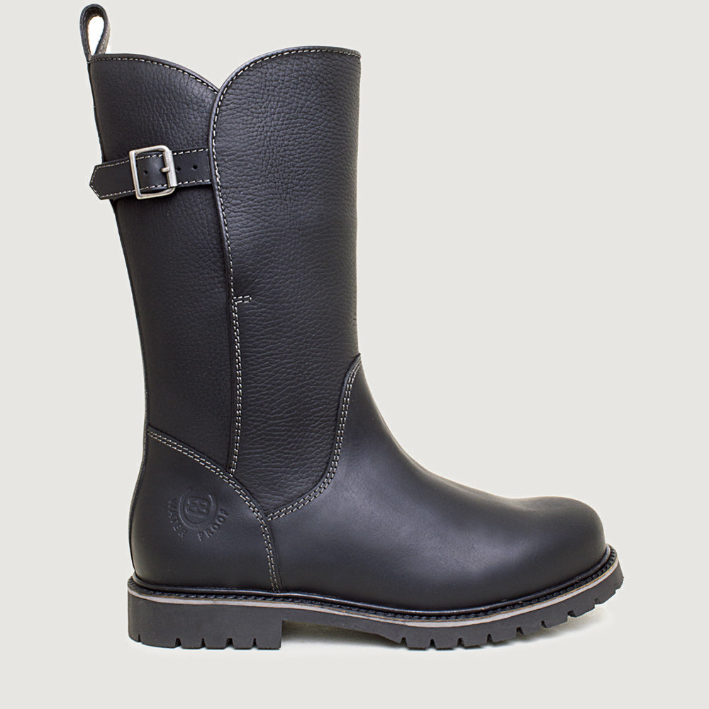 Bareback Quebec zip up waterproof mid calf boots in black, side view with buckle strap