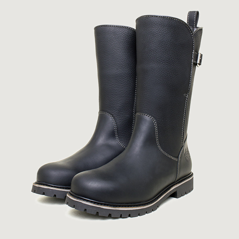 Bareback Quebec zip up waterproof mid calf boots in black, angled front view of the pair