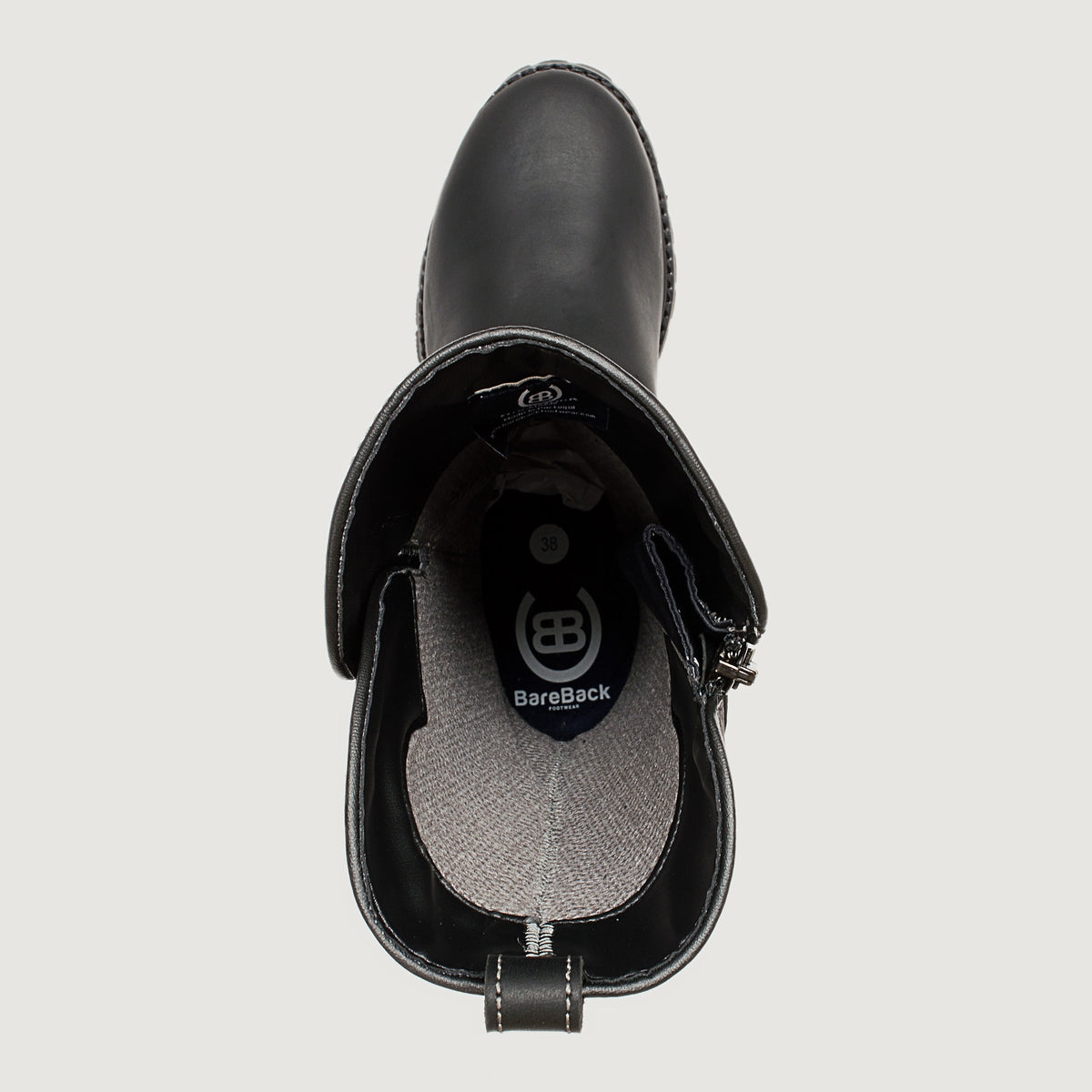 Bareback Quebec waterproof zip-up mid-calf boots in black leather, top-down view into the boot showing the zip fastening and size tag