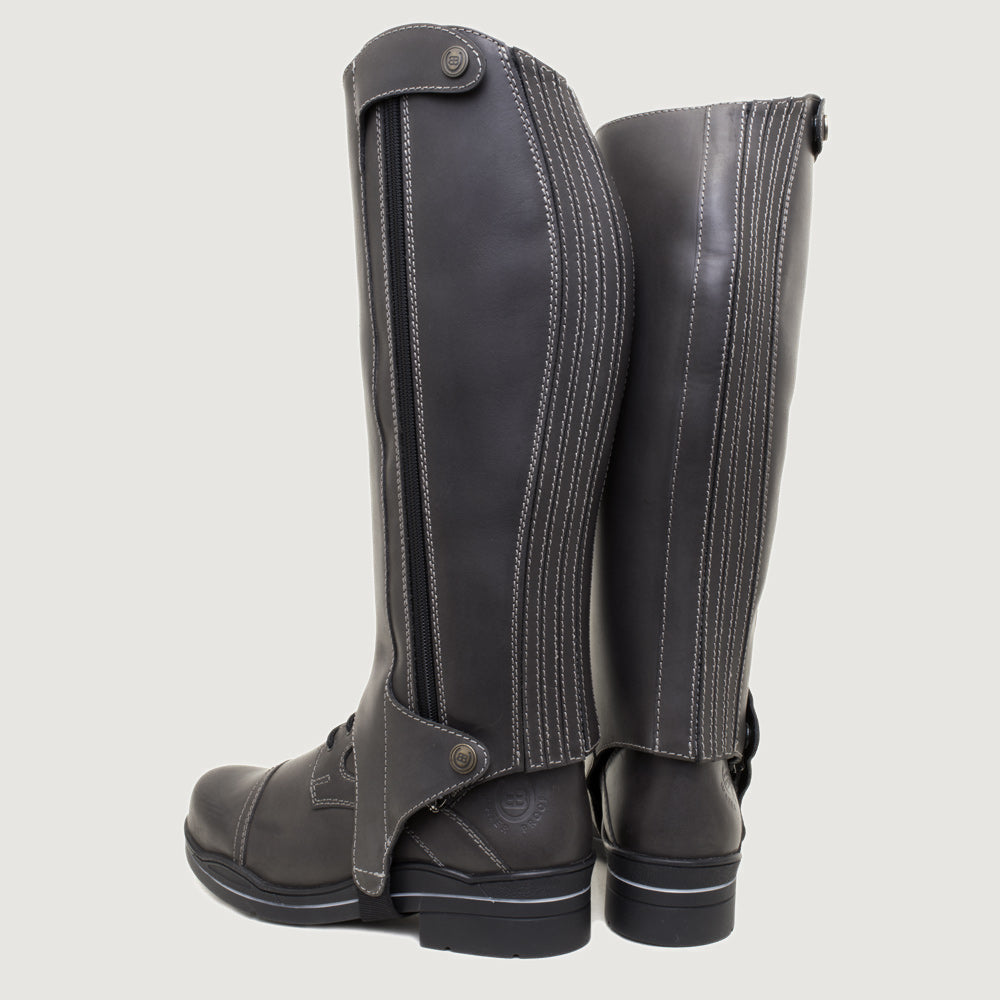 Bareback Kentucky half-chaps in grey leather, rear three-quarter view showing the zip