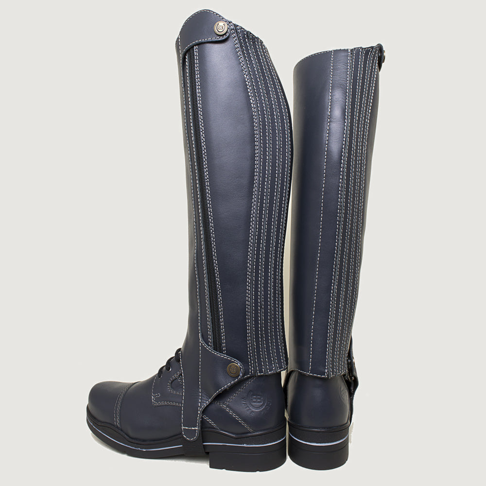 Bareback Kentucky half-chaps in navy leather, rear three-quarter view showing the zip