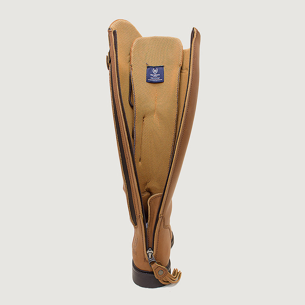 Bareback Andalucia lace-up long riding boots in desert tan leather, front view