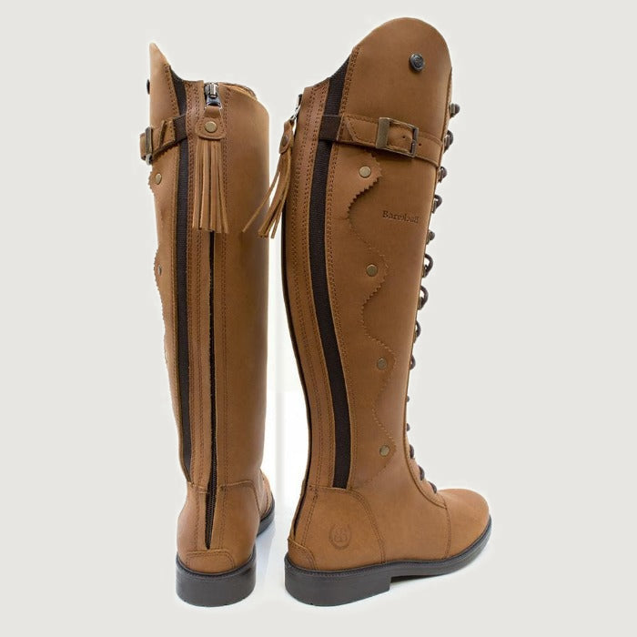 Bareback Andalucia lace-up long riding boots in desert tan leather, rear view showing the full-length zips