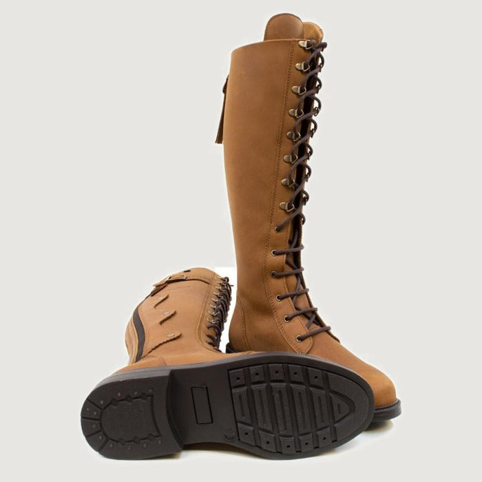 Bareback Andalucia lace-up long riding boots in desert tan leather, showing the cleated rubber outsole