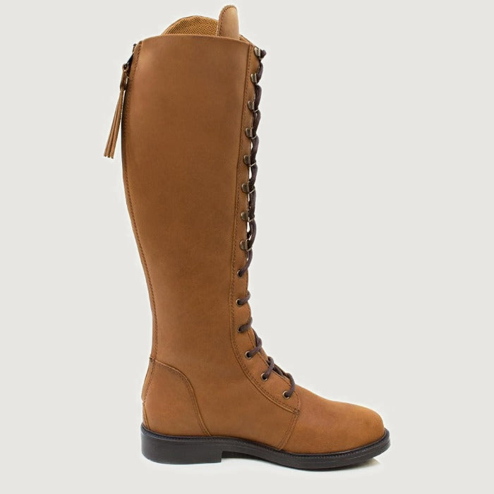 Bareback Andalucia lace-up long riding boots in desert tan leather, side view of a single boot