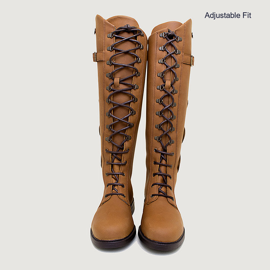 Bareback Andalucia lace-up long riding boots in desert tan leather, close-up view