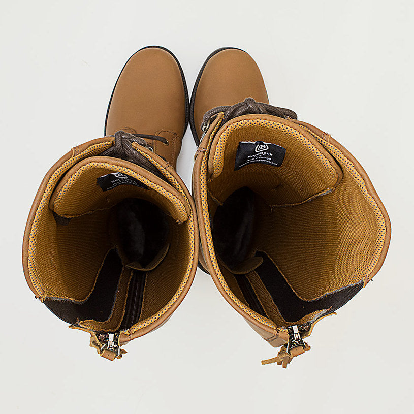 Bareback Andalucia lace-up long riding boots in desert tan leather, close-up detail view