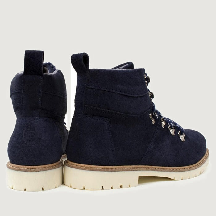 Bareback Chicago waterproof suede boots in navy, rear three-quarter view of the pair
