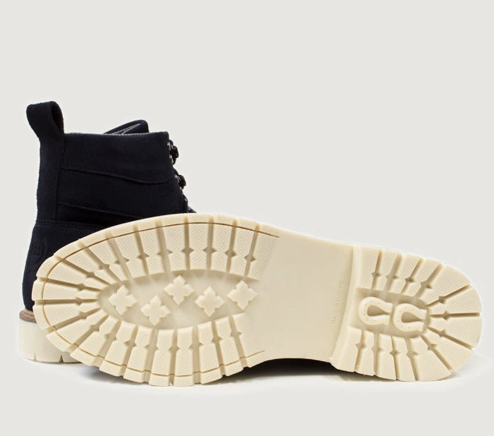 Bareback Chicago waterproof suede boots in navy, showing the cream rubber outsole