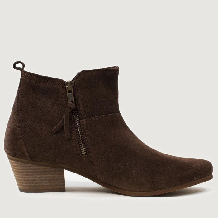 Bareback Roxy suede ankle boots in brown, side view showing the side zip