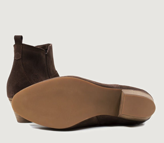 Bareback Roxy suede ankle boots in brown, showing the stacked heel and sole
