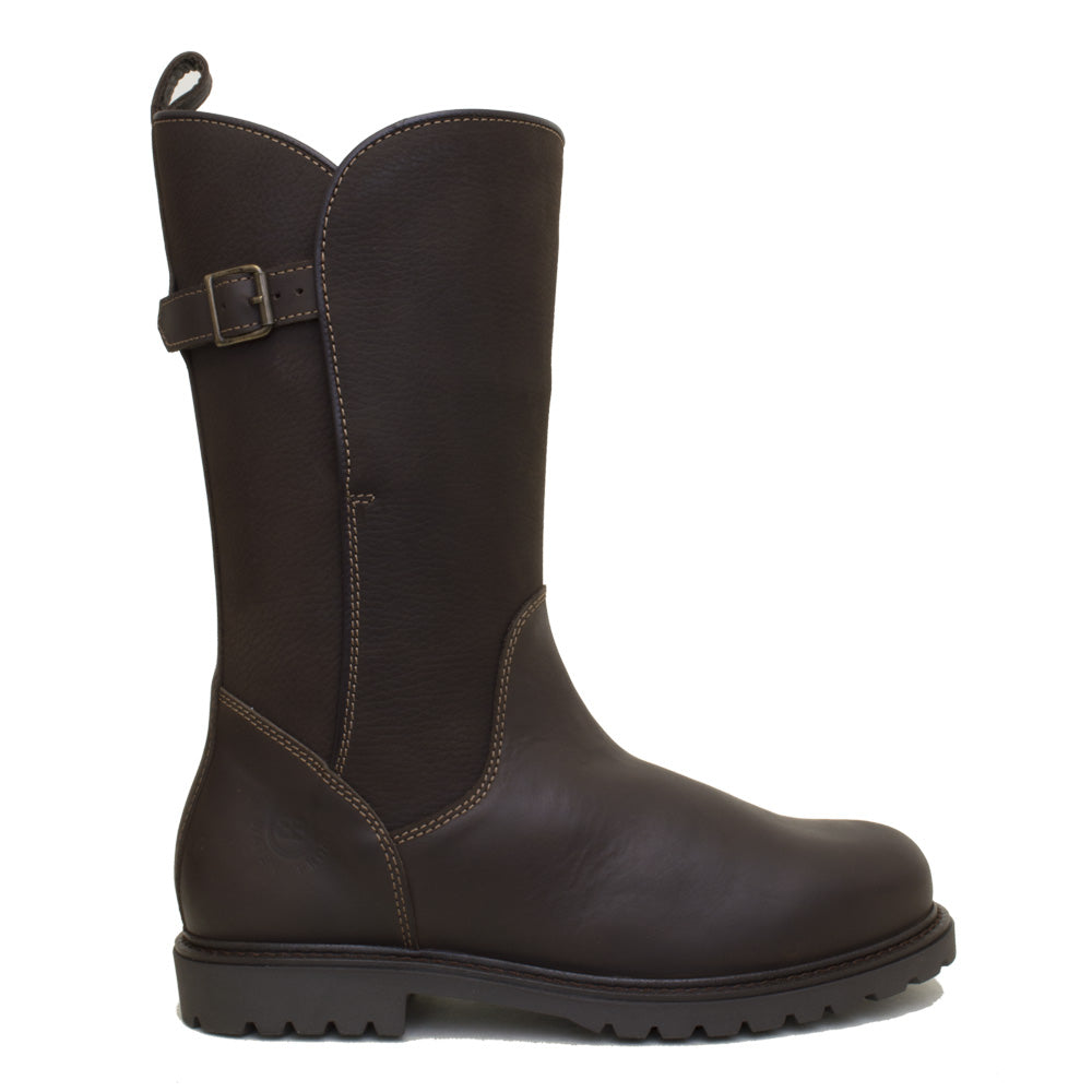 A brown leather boot with a buckle detail, mid-calf height, on a white background.