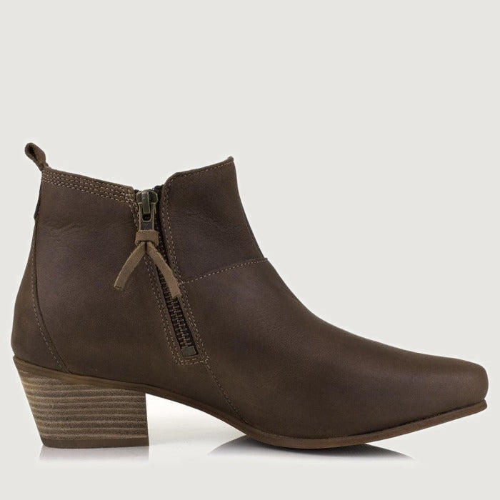 Bareback Roxy waxed leather ankle boots in brown, side view showing the side zip