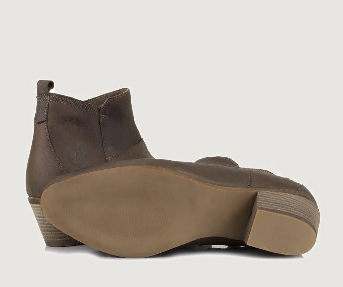 Bareback Roxy waxed leather ankle boots in brown, showing the stacked heel and sole
