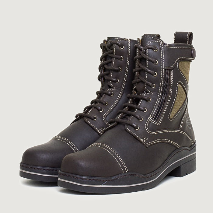 Bareback Kentucky jodhpur riding boots in brown leather, angled front view of the pair