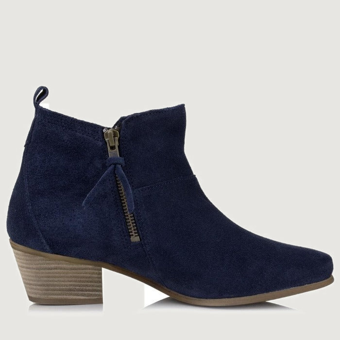 Bareback Roxy suede ankle boots in navy, side view showing the side zip