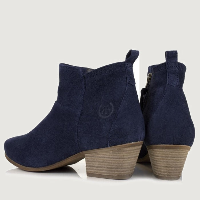 Bareback Roxy suede ankle boots in navy, rear view of the pair