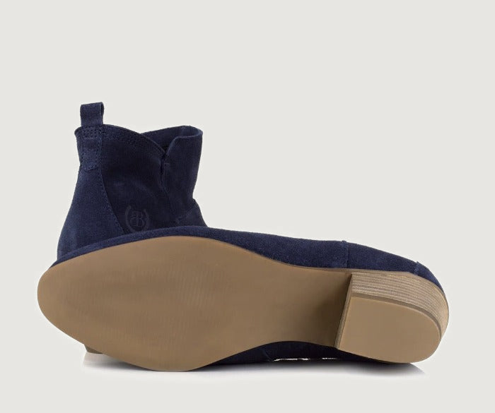 Bareback Roxy suede ankle boots in navy, showing the stacked heel and sole