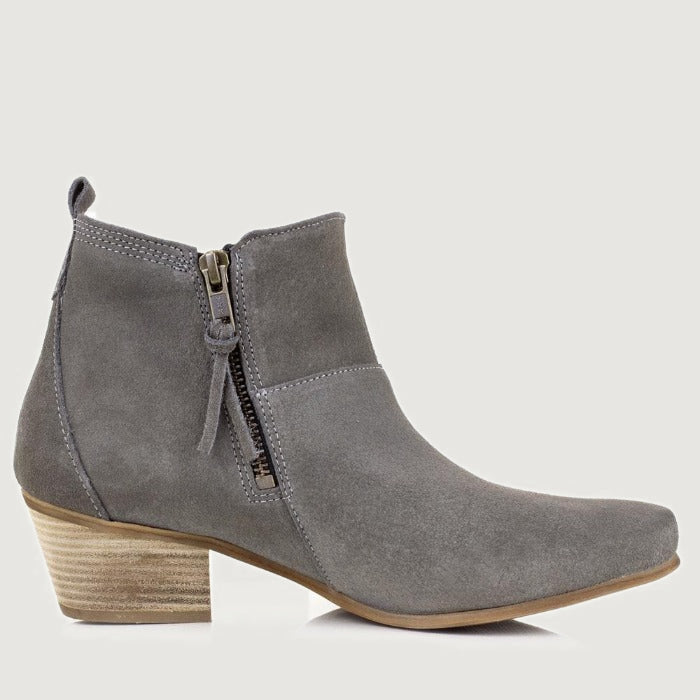 Bareback Roxy suede ankle boots in grey, side view showing the side zip