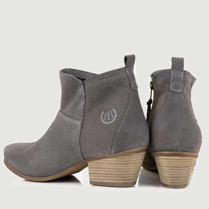 Bareback Roxy suede ankle boots in grey, rear view of the pair