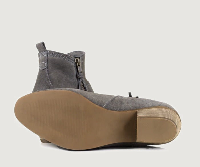 Bareback Roxy suede ankle boots in grey, showing the stacked heel and sole