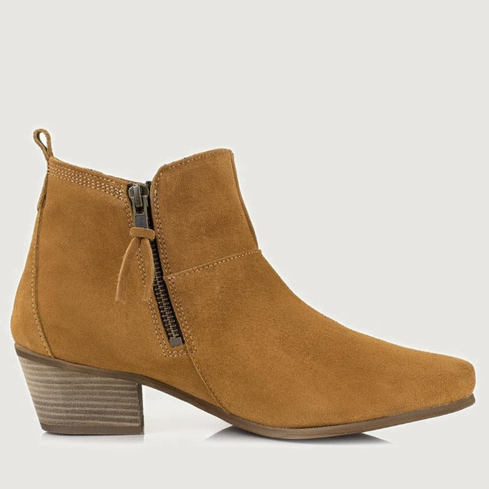Bareback Roxy suede ankle boots in sand, side view showing the side zip