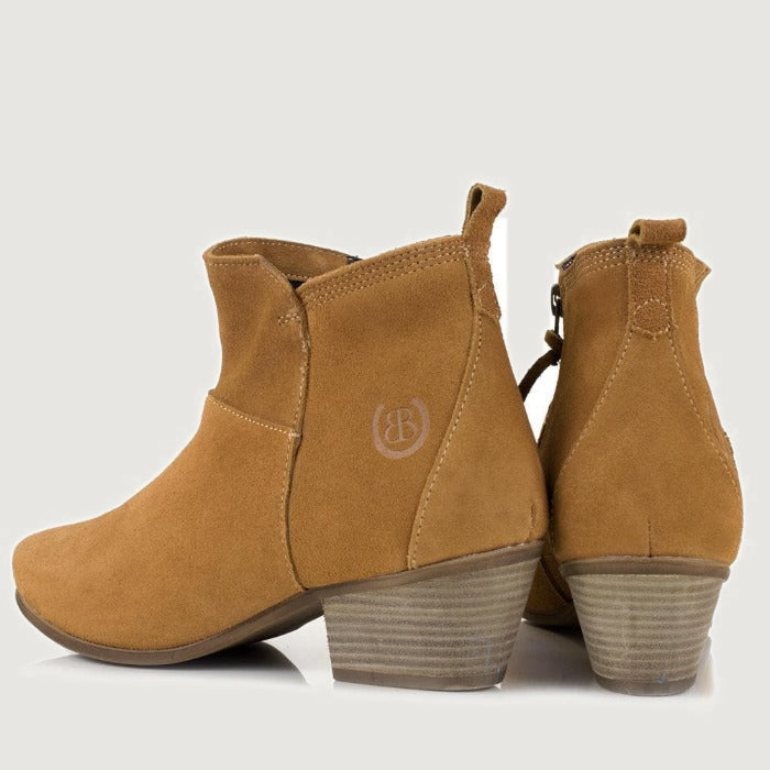 Bareback Roxy suede ankle boots in sand, rear view of the pair