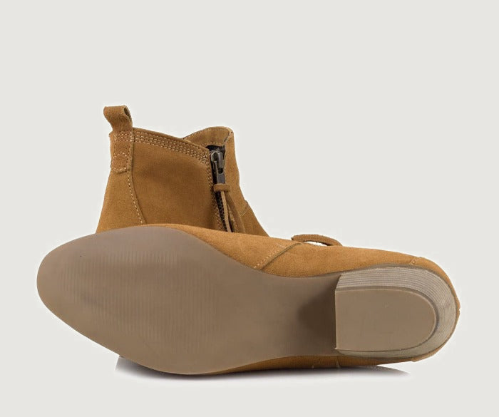 Bareback Roxy suede ankle boots in sand, showing the stacked heel and sole