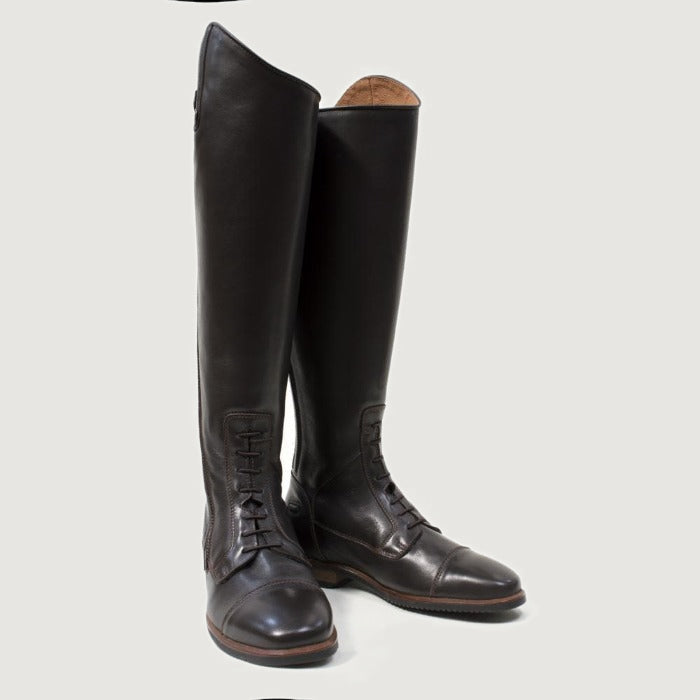 Bareback Graceland long riding field boots in brown leather, angled front view of the pair