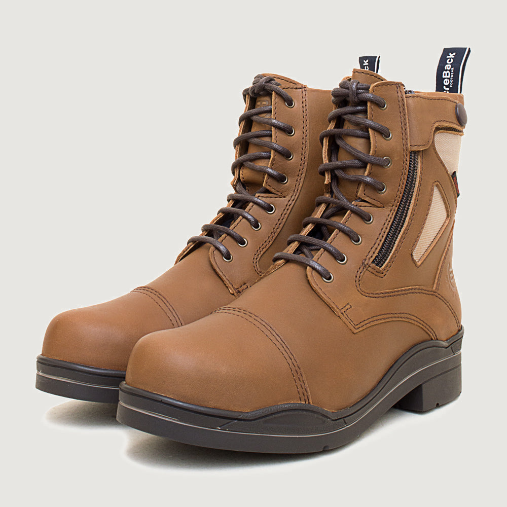 Bareback Kentucky Storm waterproof jodhpur boots in mocha, angled front view of the pair