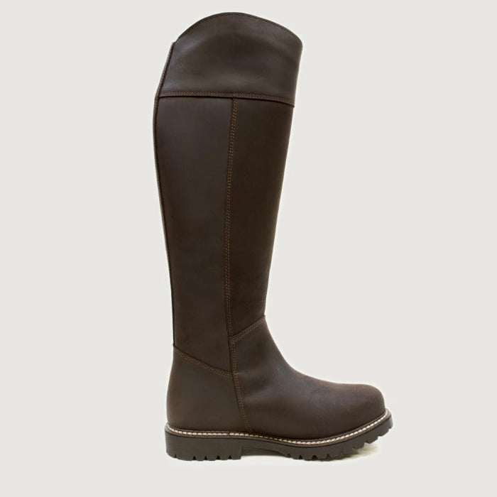 Bareback Hudson Storm waterproof boots in chocolate, rear view of a single boot
